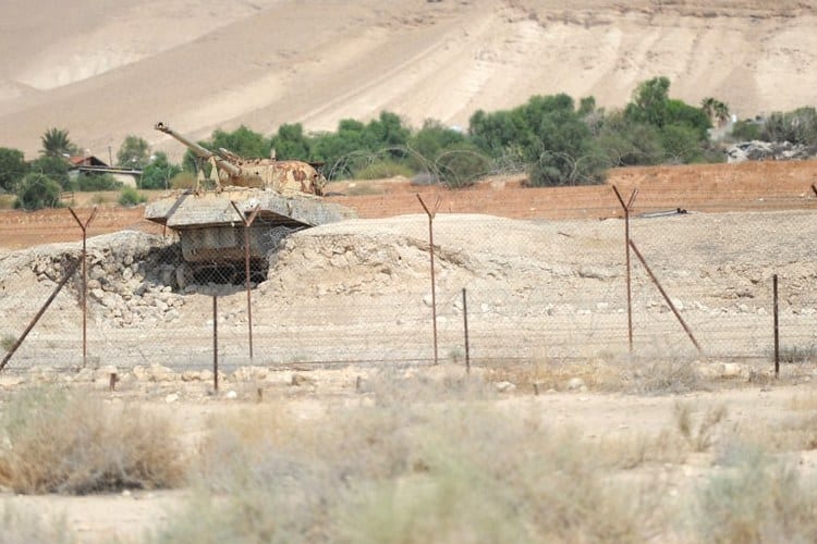 Israeli tank protecting a settlement in the Jordan Valley, West Bank
